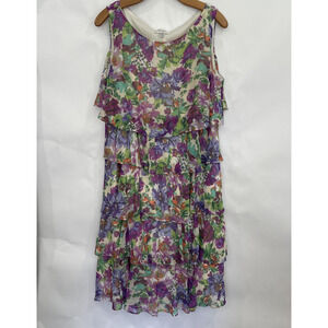 Dressbarn Floral Tiered Dress Size 16 Sleeveless Knee Length Light Weight Purple